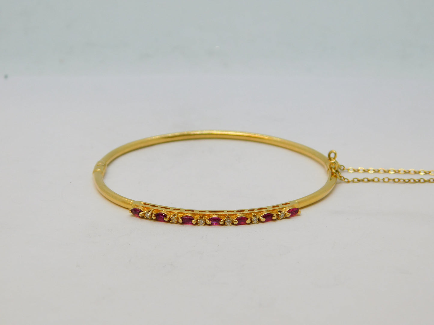 14ct Yellow Gold, Seven-Stone Ruby & Diamond Bangle Bracelet Vintage c1970