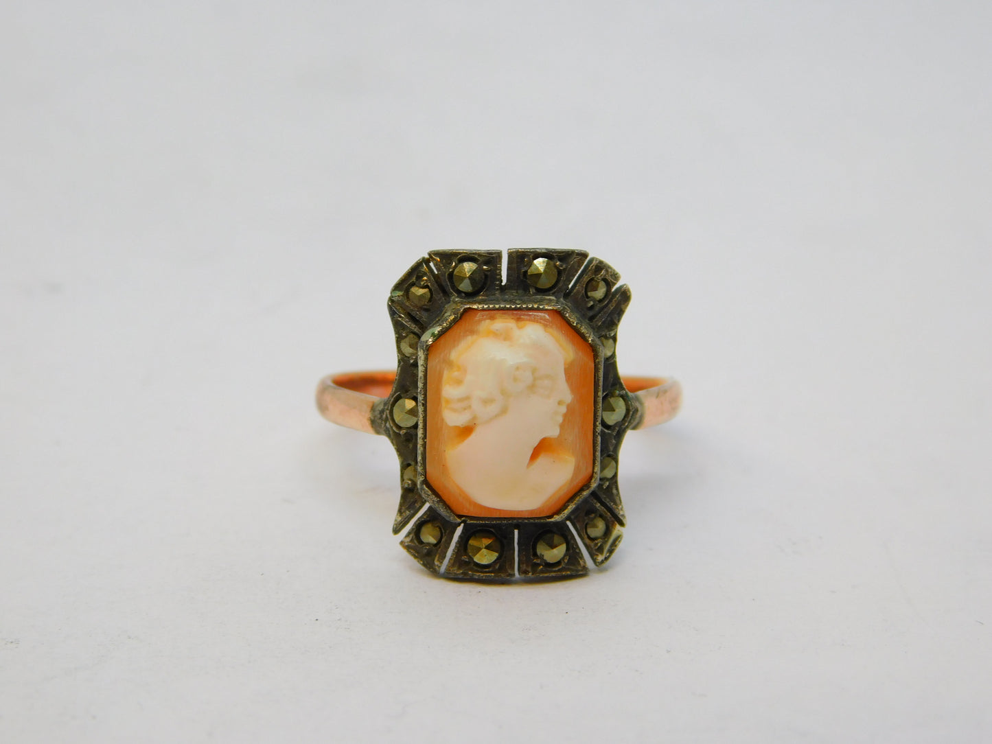 9ct Rose Gold Silver Set Lady in Profile Cameo Dress Ring Antique c1930 Deco