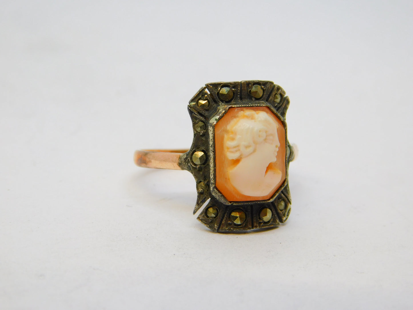 9ct Rose Gold Silver Set Lady in Profile Cameo Dress Ring Antique c1930 Deco