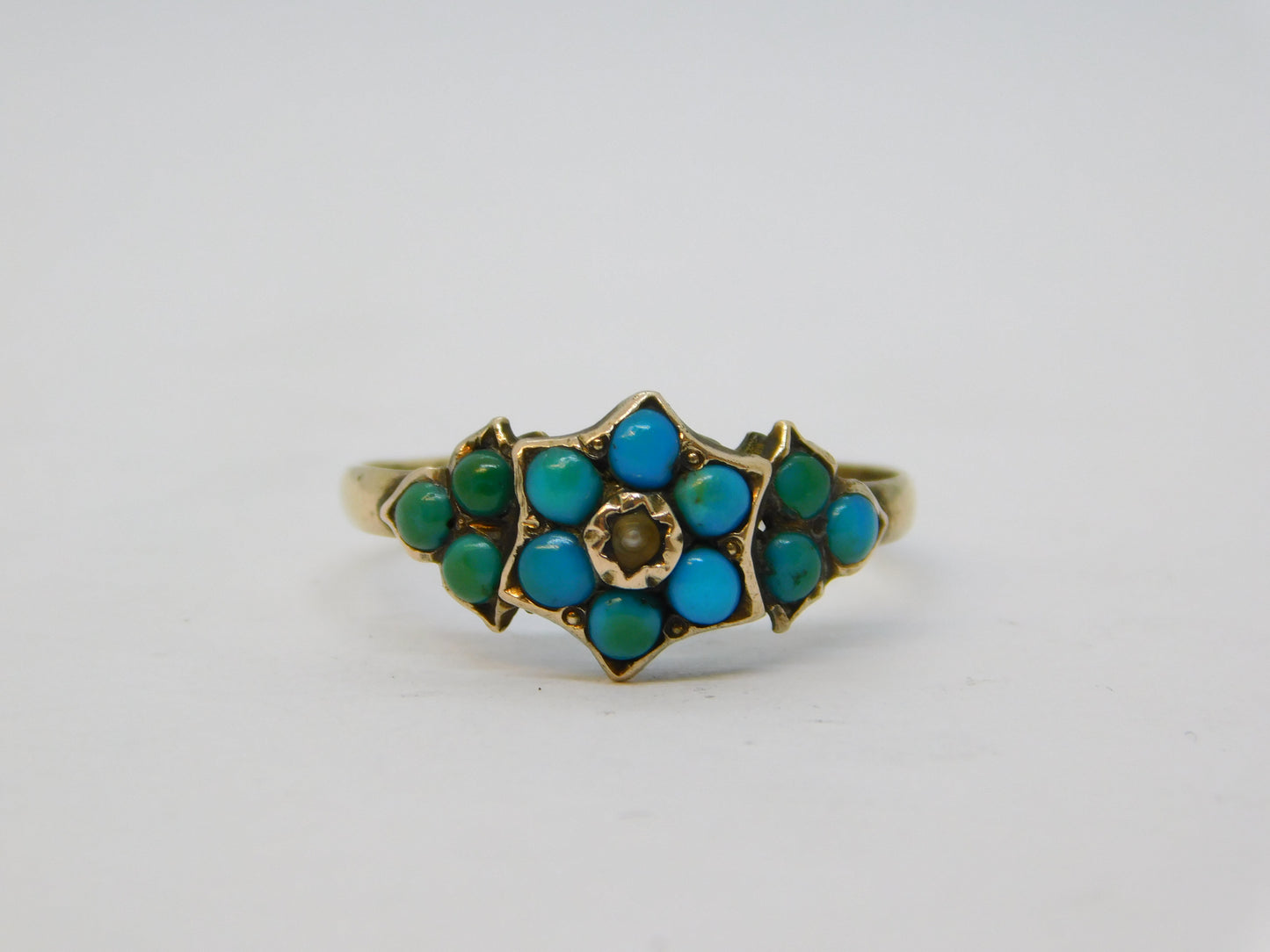 Victorian 9ct Gold, Turquoise, Seed Pearl Floral Ring Antique 1871 Birmingham