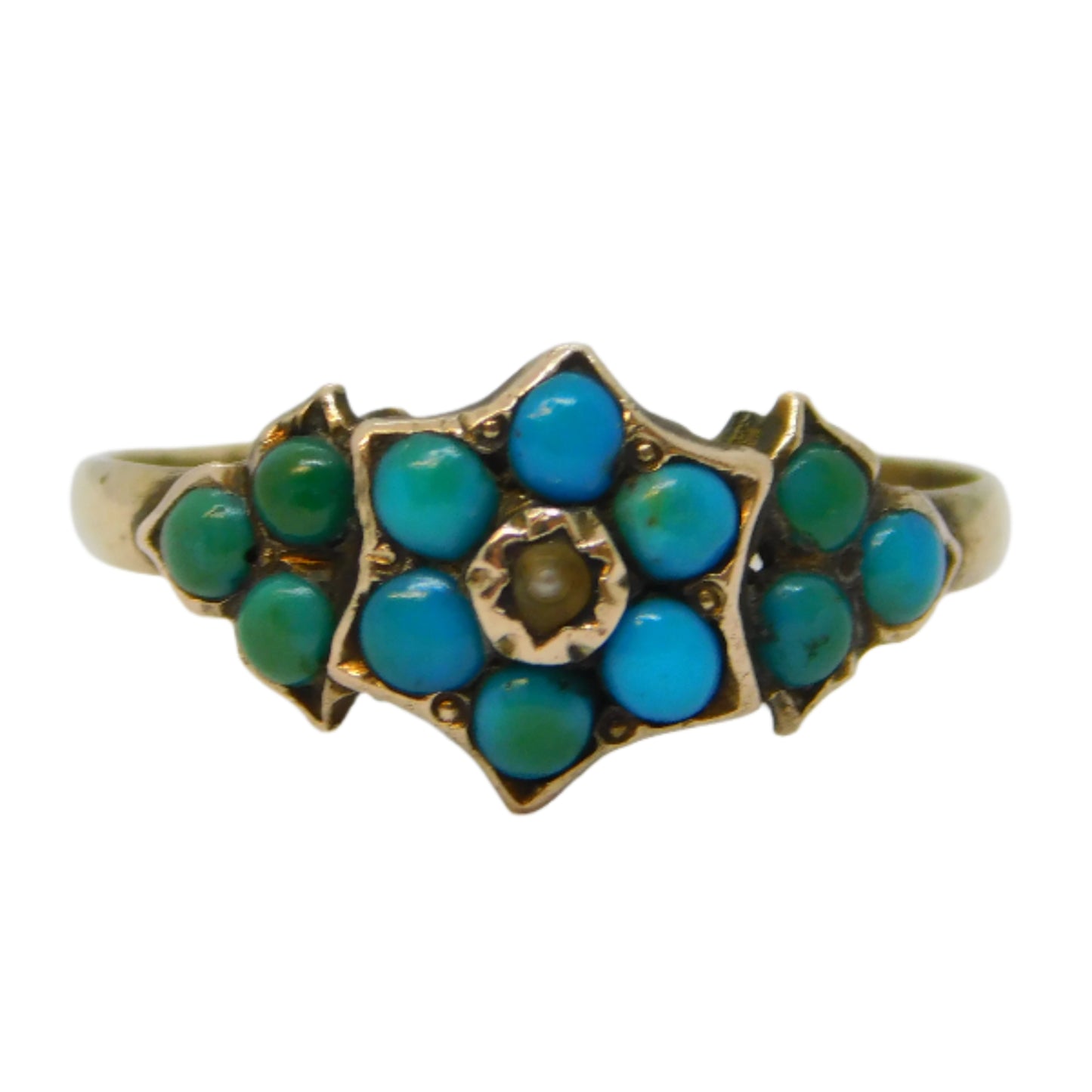 Victorian 9ct Gold, Turquoise, Seed Pearl Floral Ring Antique 1871 Birmingham