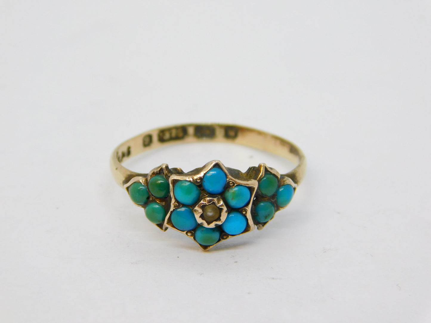 Victorian 9ct Gold, Turquoise, Seed Pearl Floral Ring Antique 1871 Birmingham