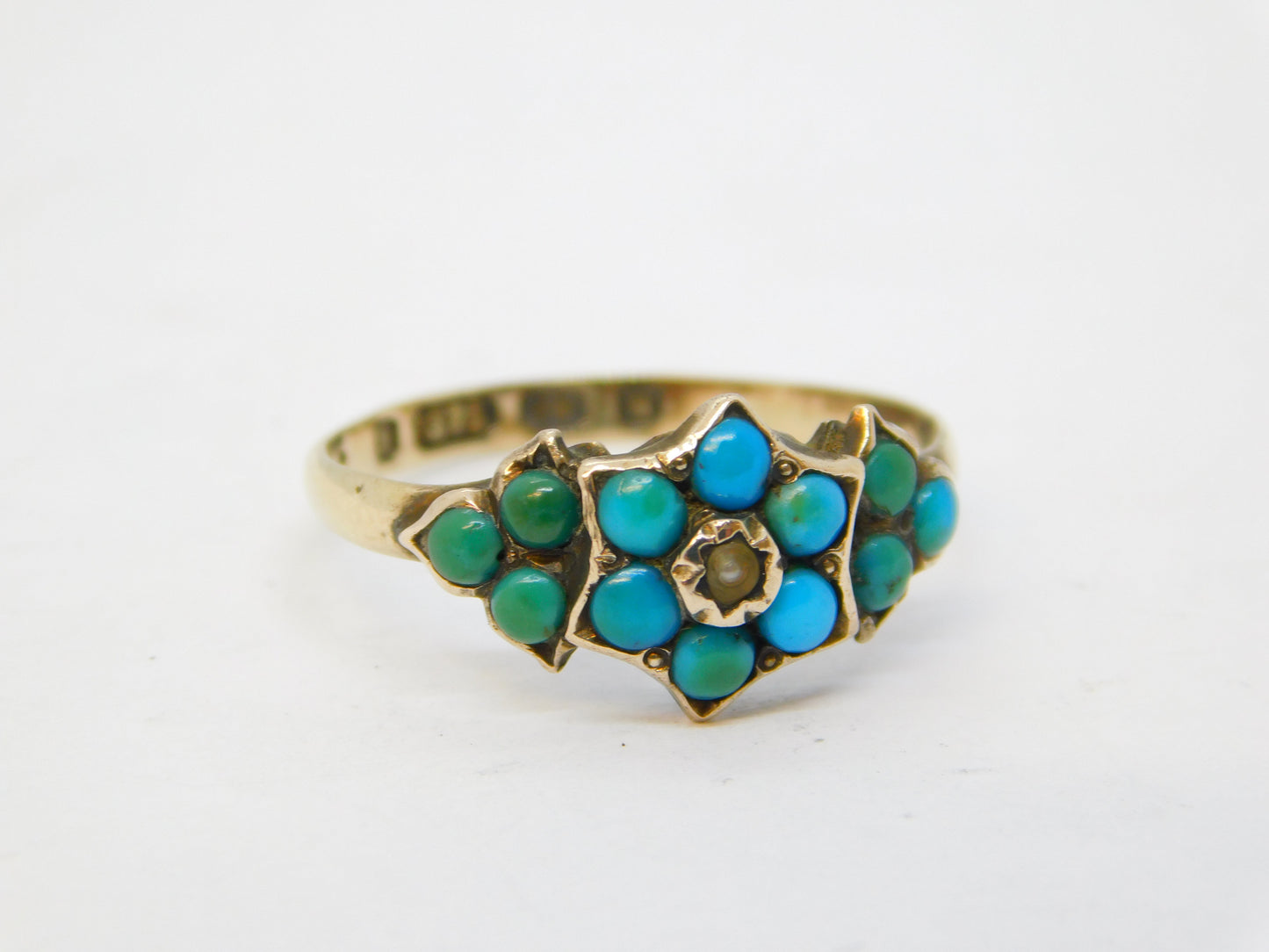 Victorian 9ct Gold, Turquoise, Seed Pearl Floral Ring Antique 1871 Birmingham