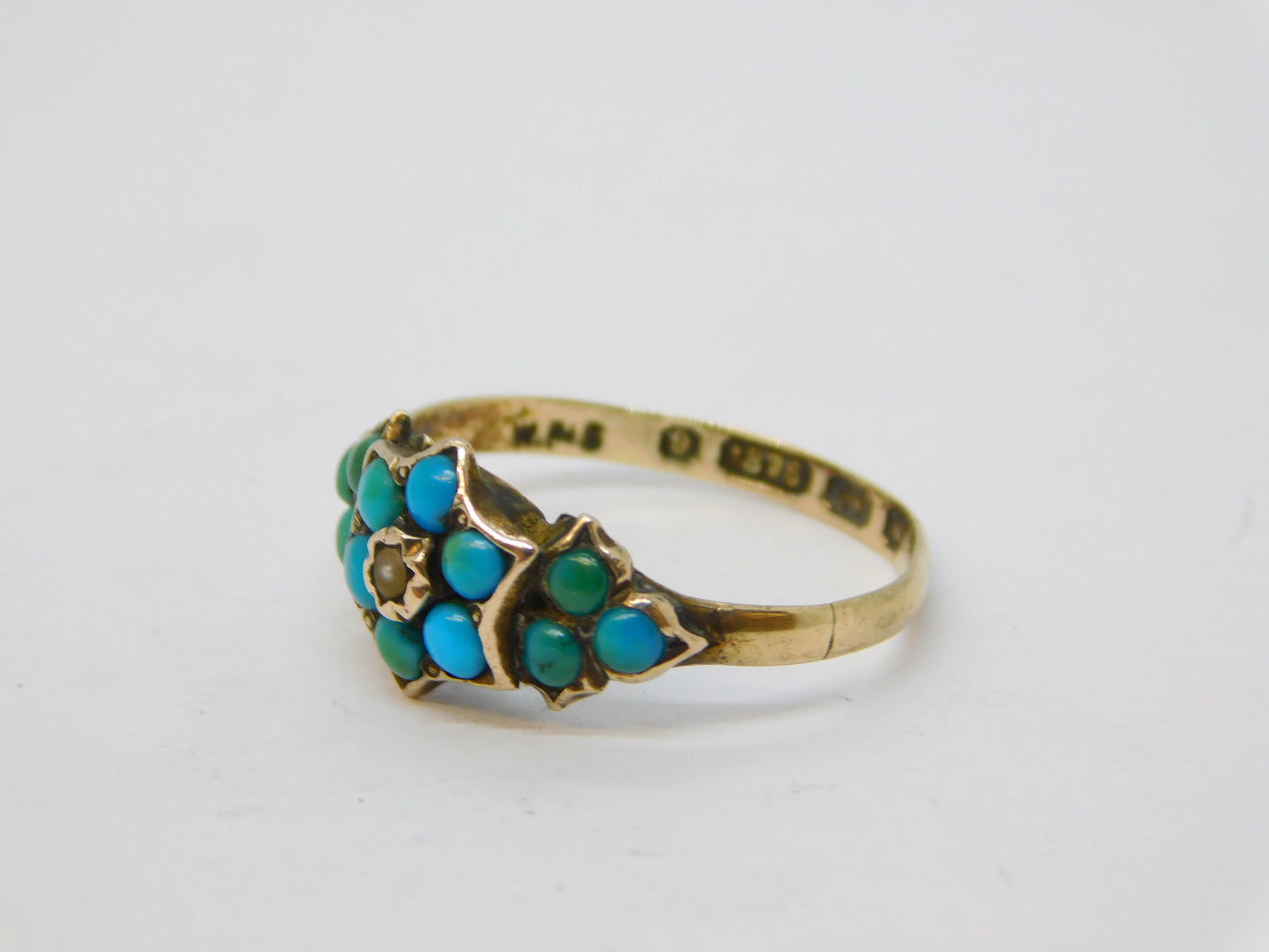 Victorian 9ct Gold, Turquoise, Seed Pearl Floral Ring Antique 1871 Birmingham