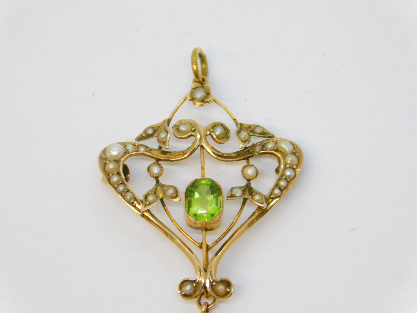 Edwardian 9ct Gold, Peridot, Seed Pearl Suffragette Lavalier Pendant Antique c1910