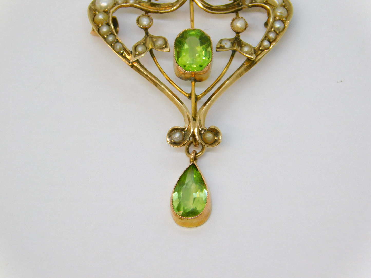 Edwardian 9ct Gold, Peridot, Seed Pearl Suffragette Lavalier Pendant Antique c1910