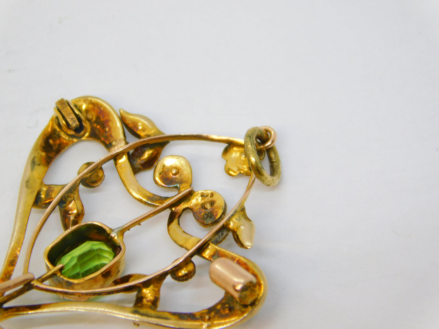 Edwardian 9ct Gold, Peridot, Seed Pearl Suffragette Lavalier Pendant Antique c1910