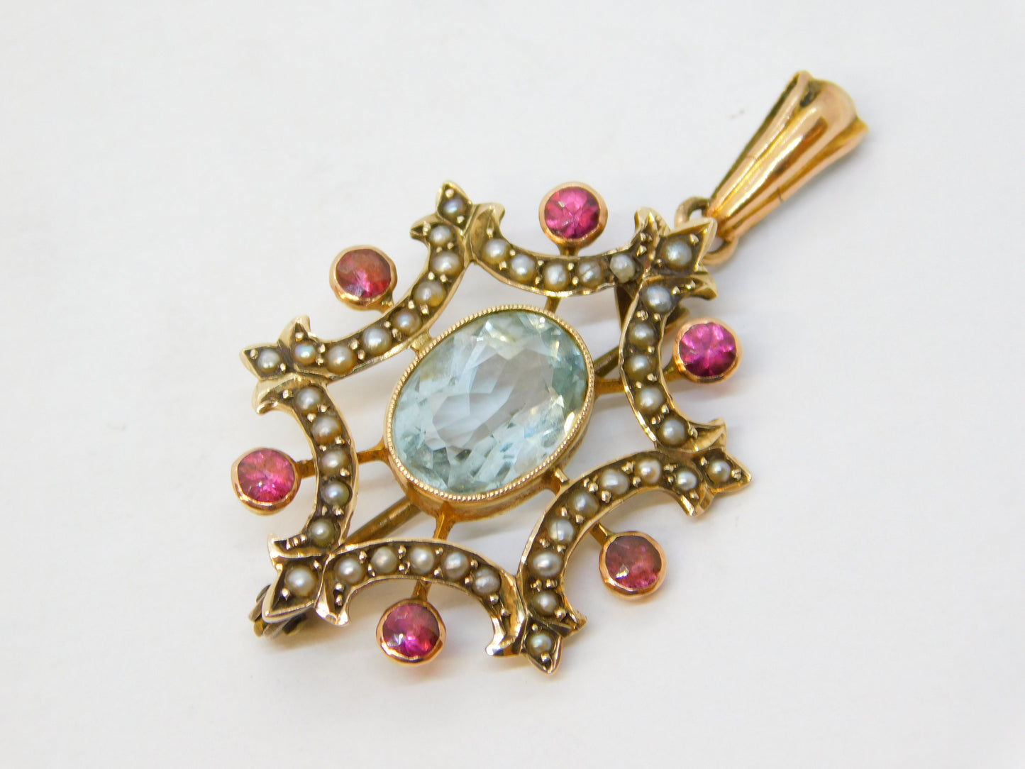Edwardian 9ct Gold, Aquamarine, Seed Pearl, Ruby Drop Pendant Antique c1910