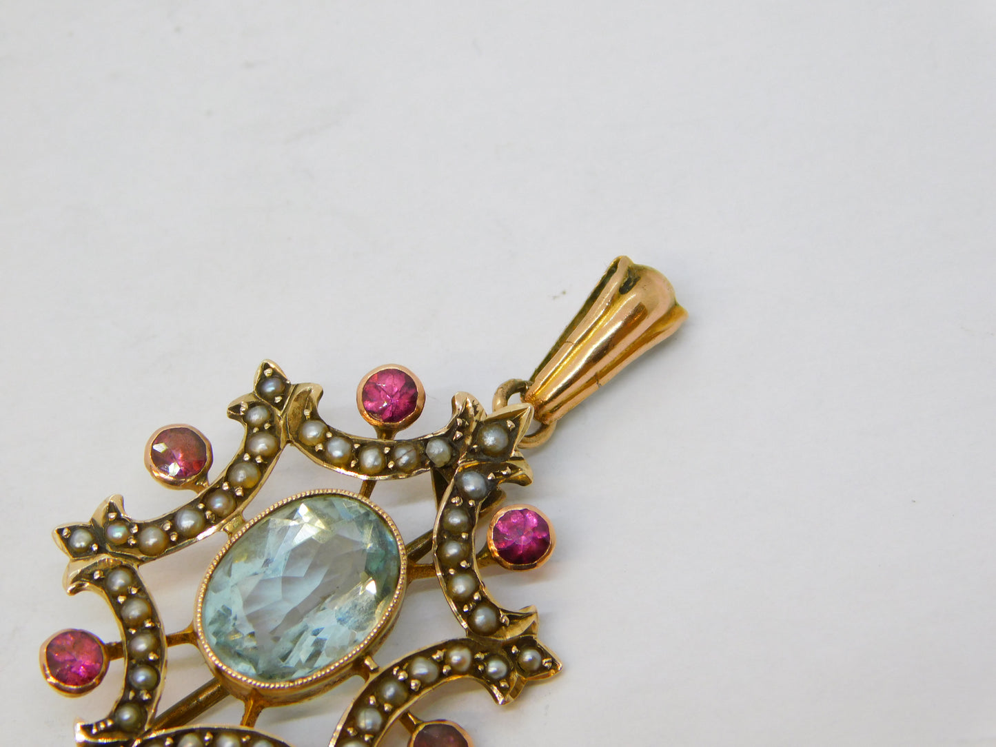 Edwardian 9ct Gold, Aquamarine, Seed Pearl, Ruby Drop Pendant Antique c1910