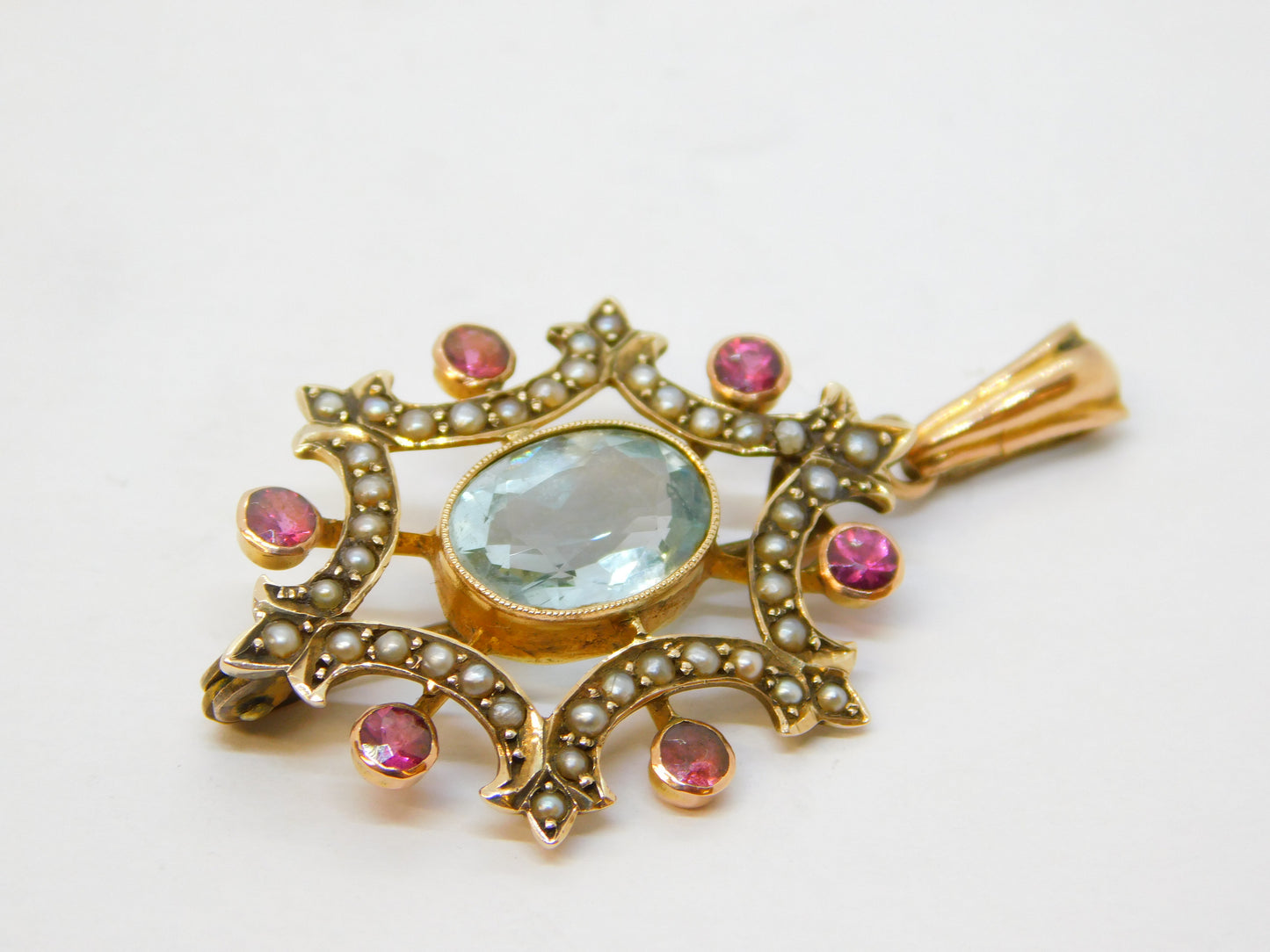 Edwardian 9ct Gold, Aquamarine, Seed Pearl, Ruby Drop Pendant Antique c1910