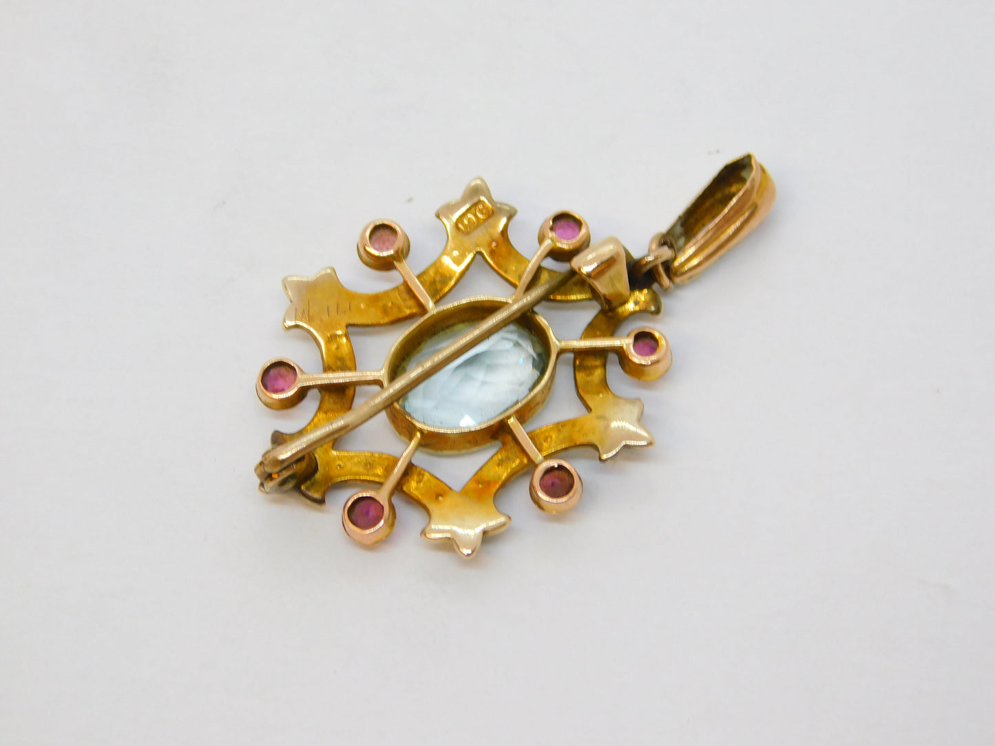 Edwardian 9ct Gold, Aquamarine, Seed Pearl, Ruby Drop Pendant Antique c1910