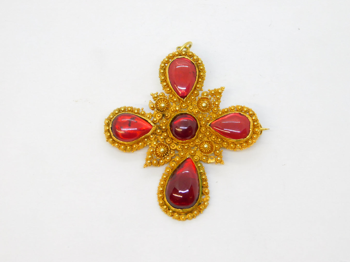 18th Century Iberian 18ct Gold Foil-Back Garnet Cannetille Cross Pendant Antique c1790