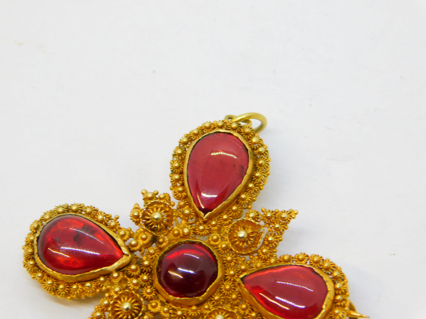 18th Century Iberian 18ct Gold Foil-Back Garnet Cannetille Cross Pendant Antique c1790