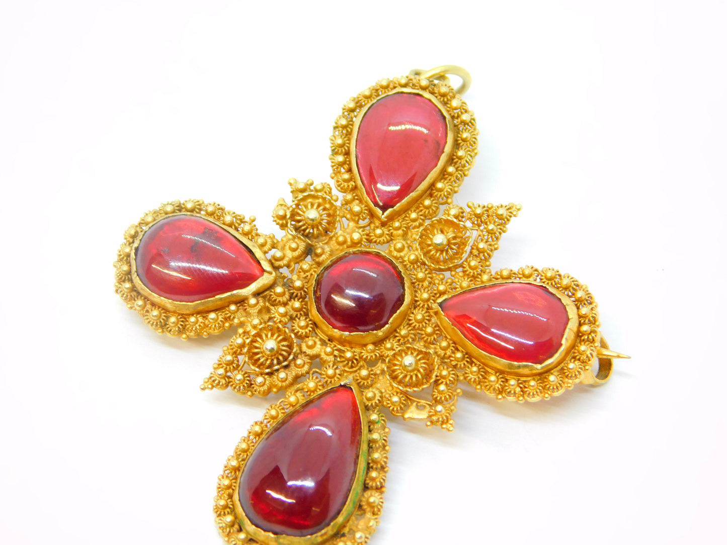 18th Century Iberian 18ct Gold Foil-Back Garnet Cannetille Cross Pendant Antique c1790