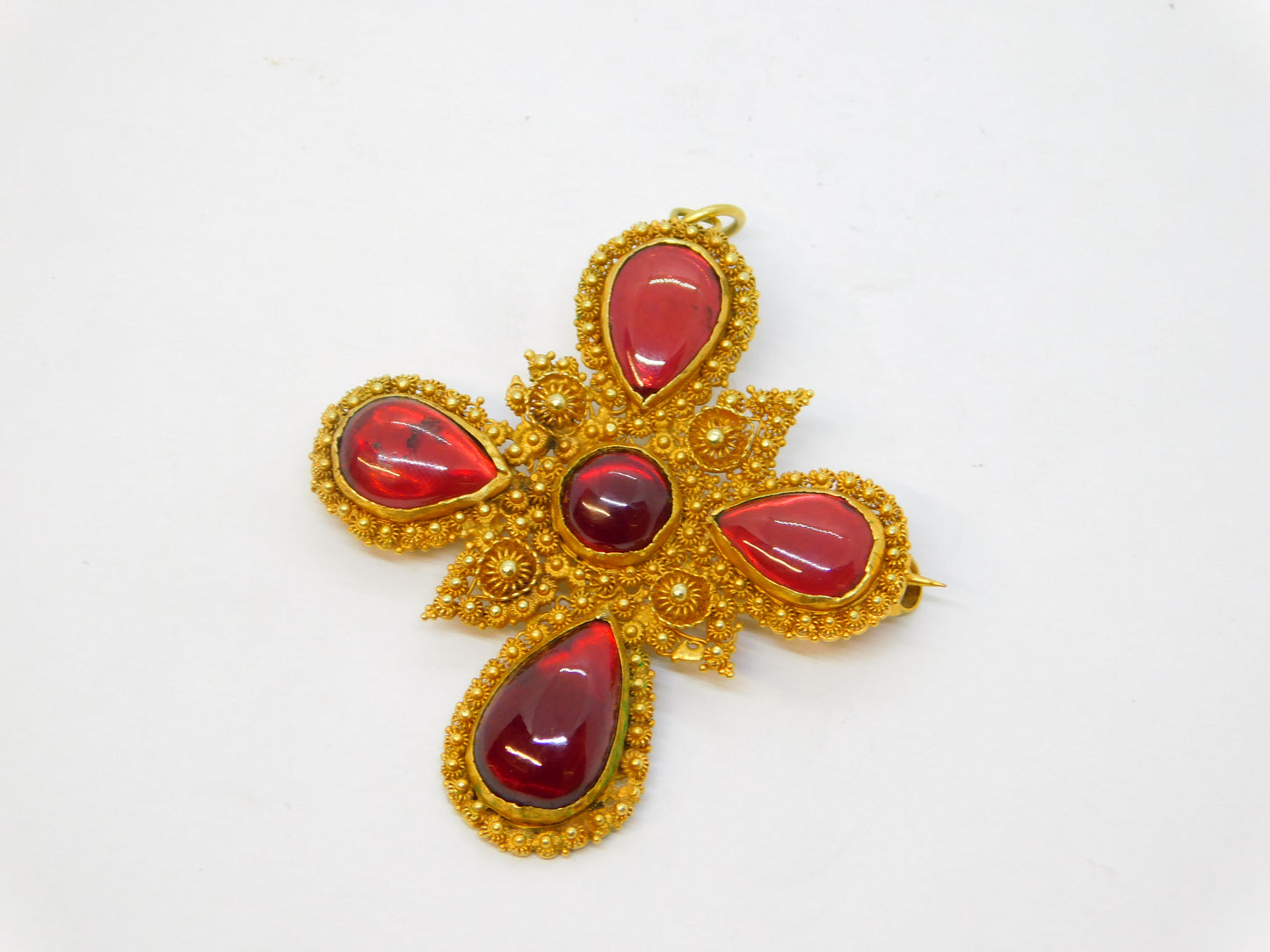 18th Century Iberian 18ct Gold Foil-Back Garnet Cannetille Cross Pendant Antique c1790