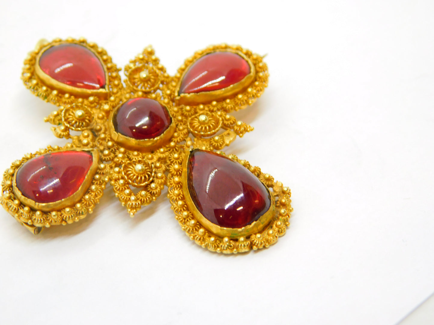 18th Century Iberian 18ct Gold Foil-Back Garnet Cannetille Cross Pendant Antique c1790
