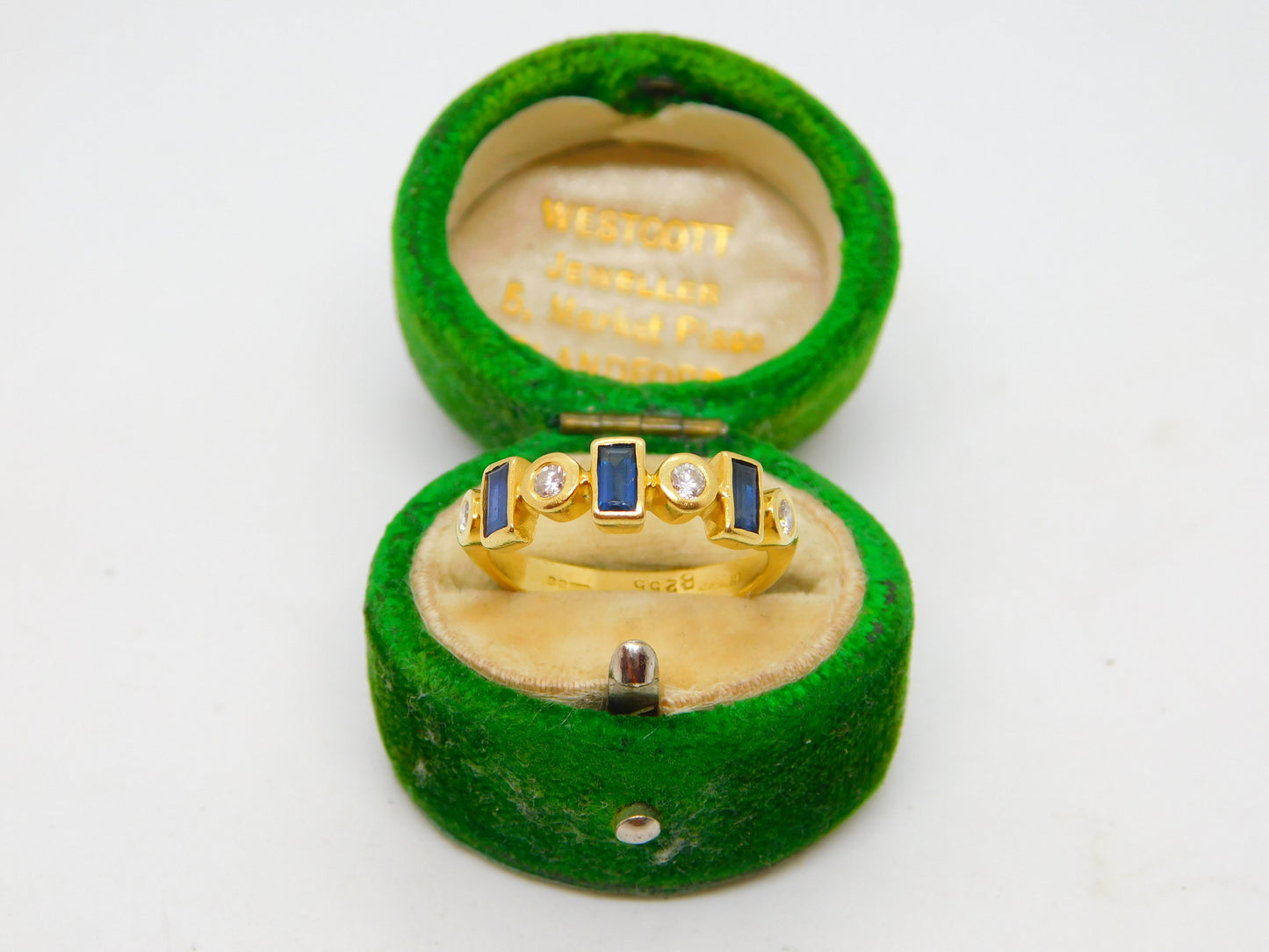 18ct Yellow Gold, Sapphire & Diamond Modernist Band Ring Vintage 1973 London