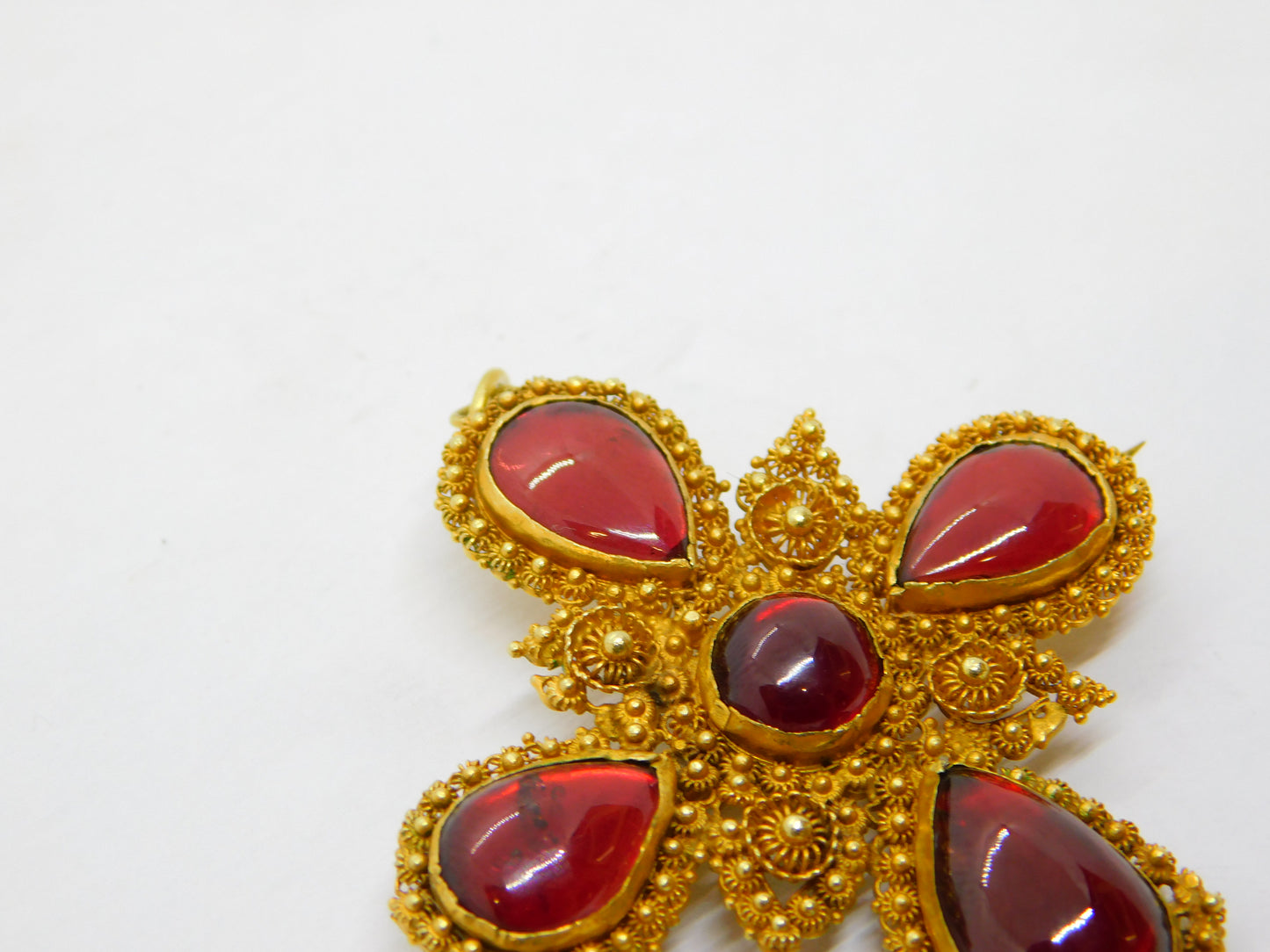 18th Century Iberian 18ct Gold Foil-Back Garnet Cannetille Cross Pendant Antique c1790
