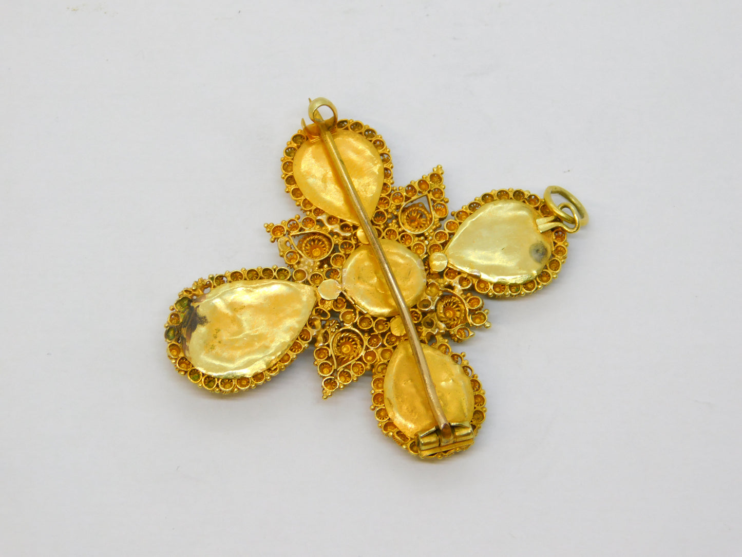 18th Century Iberian 18ct Gold Foil-Back Garnet Cannetille Cross Pendant Antique c1790
