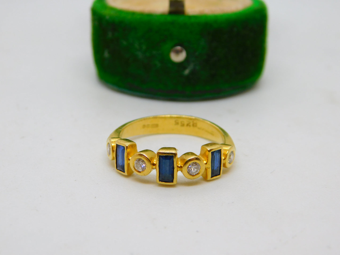 18ct Yellow Gold, Sapphire & Diamond Modernist Band Ring Vintage 1973 London