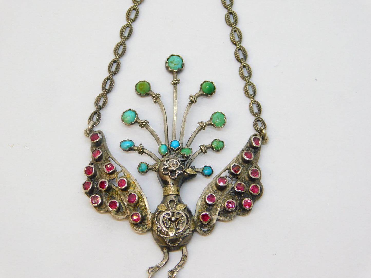 19th Century Austro-Hungarian Silver, Ruby, Diamond, Turquoise & Pearl Peacock Drop Pendant c1860