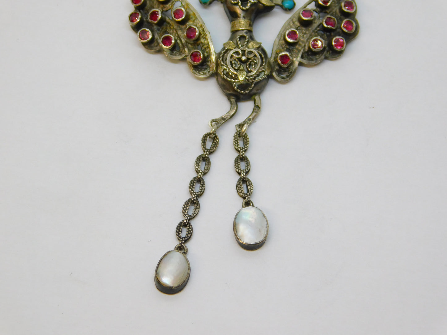 19th Century Austro-Hungarian Silver, Ruby, Diamond, Turquoise & Pearl Peacock Drop Pendant c1860