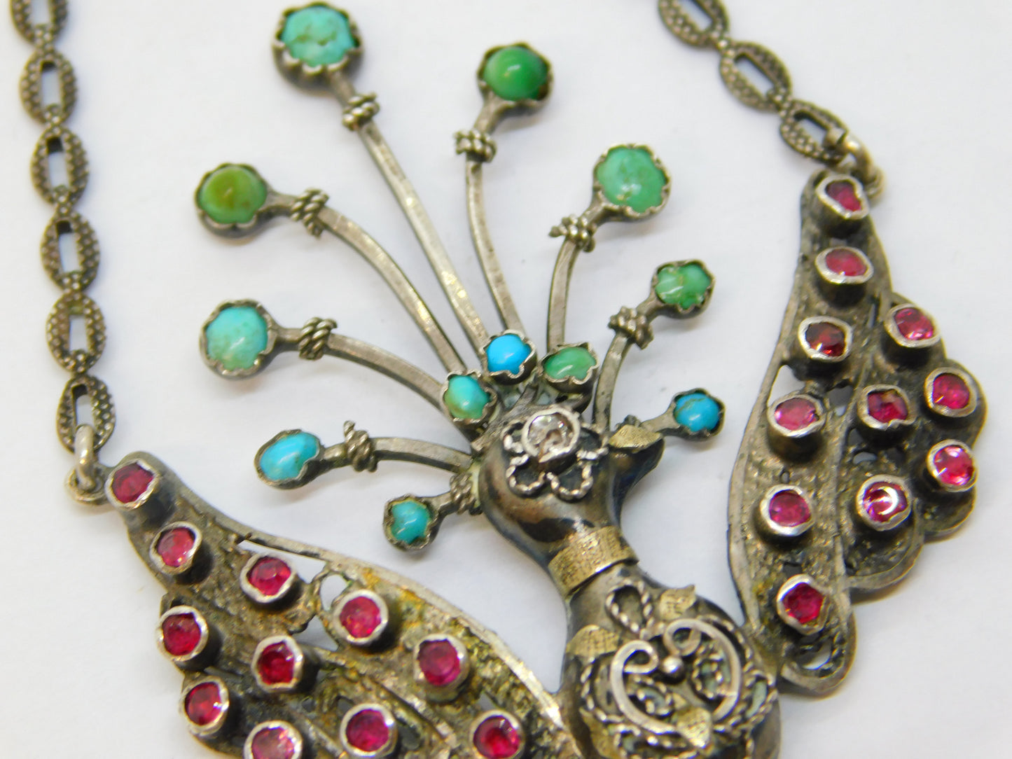 19th Century Austro-Hungarian Silver, Ruby, Diamond, Turquoise & Pearl Peacock Drop Pendant c1860