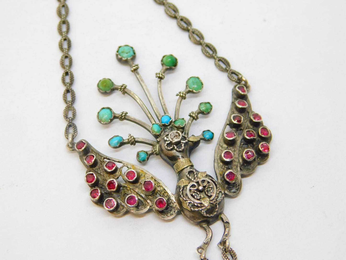 19th Century Austro-Hungarian Silver, Ruby, Diamond, Turquoise & Pearl Peacock Drop Pendant c1860