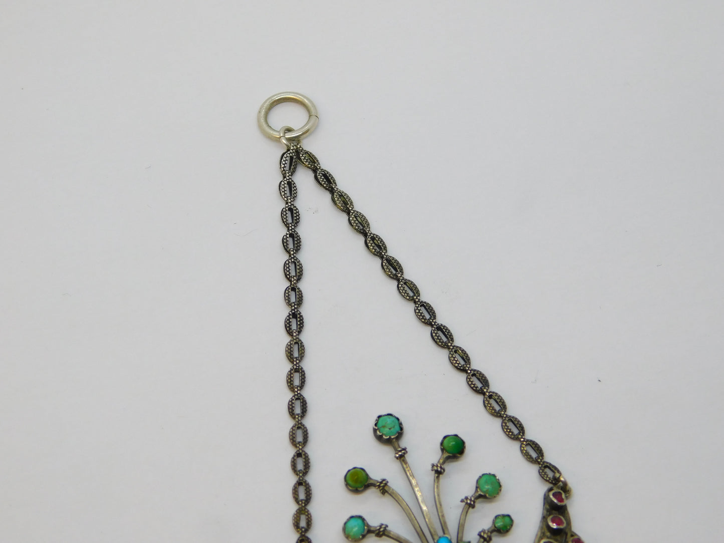 19th Century Austro-Hungarian Silver, Ruby, Diamond, Turquoise & Pearl Peacock Drop Pendant c1860