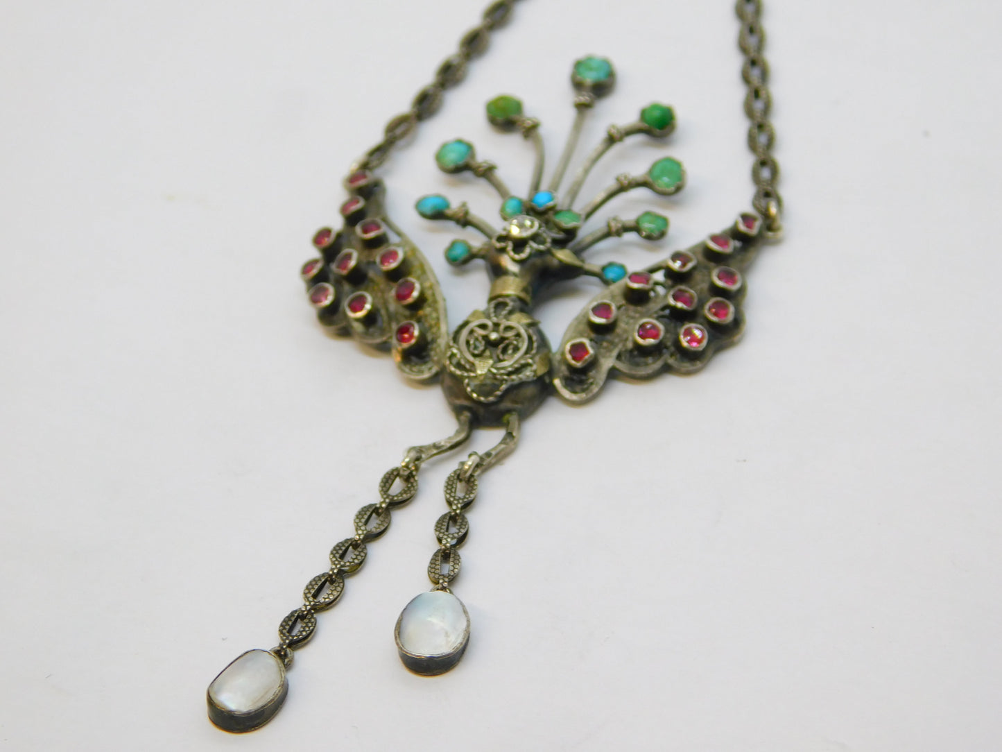 19th Century Austro-Hungarian Silver, Ruby, Diamond, Turquoise & Pearl Peacock Drop Pendant c1860