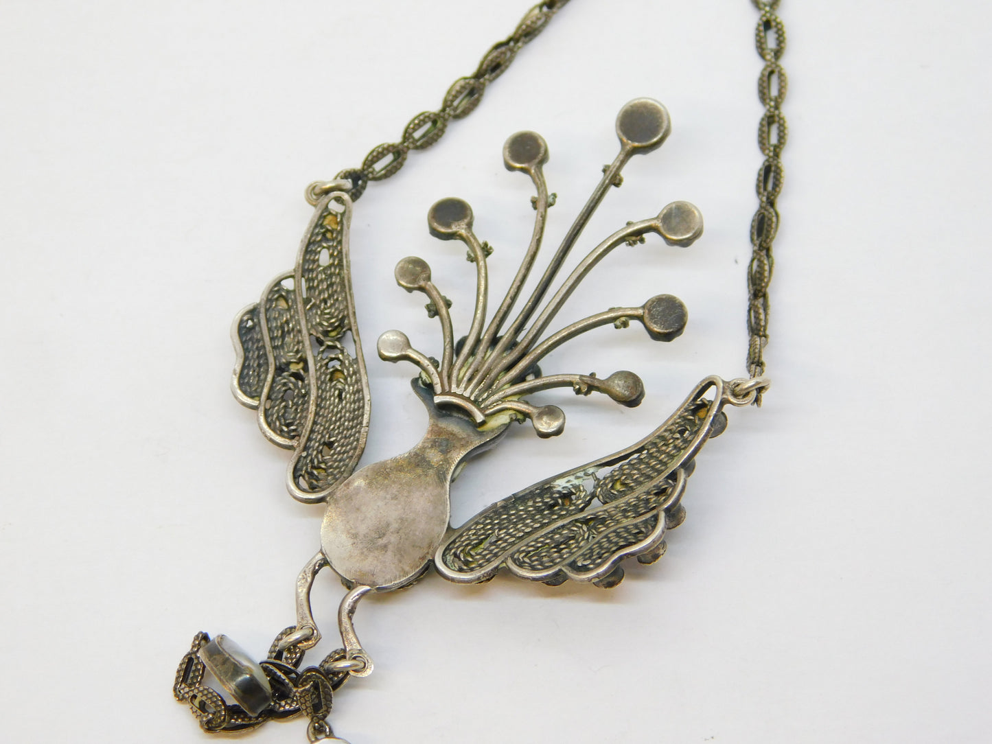 19th Century Austro-Hungarian Silver, Ruby, Diamond, Turquoise & Pearl Peacock Drop Pendant c1860