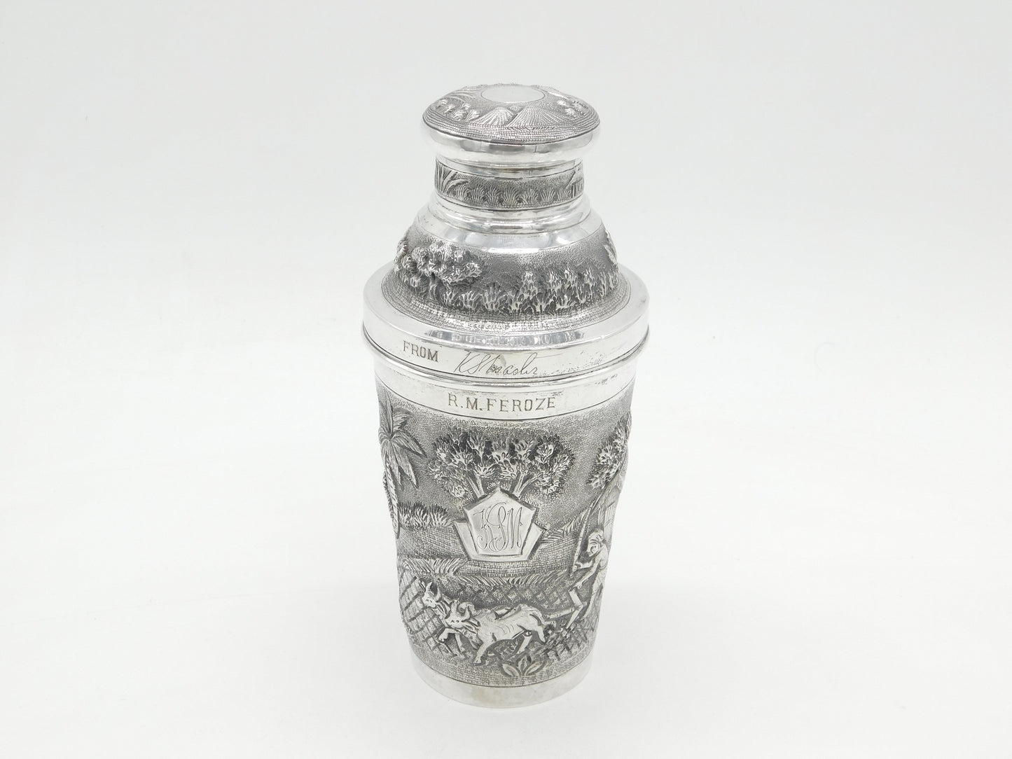 20th Century Burmese Sterling Silver Farm Pattern Cocktail Shaker Antique c1920