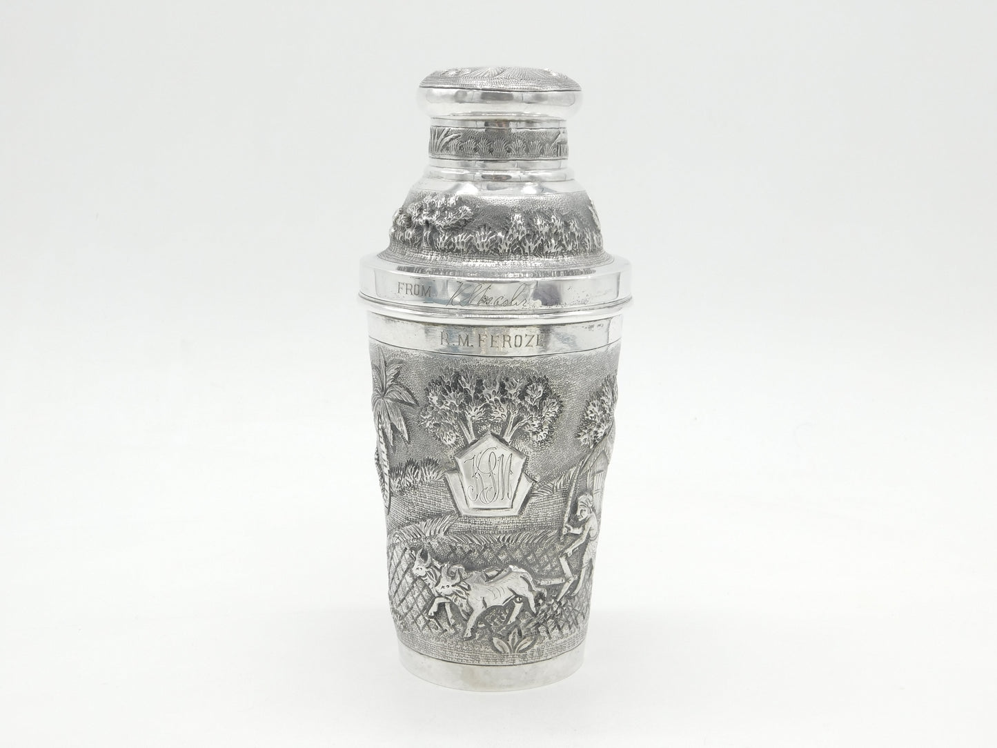 20th Century Burmese Sterling Silver Farm Pattern Cocktail Shaker Antique c1920
