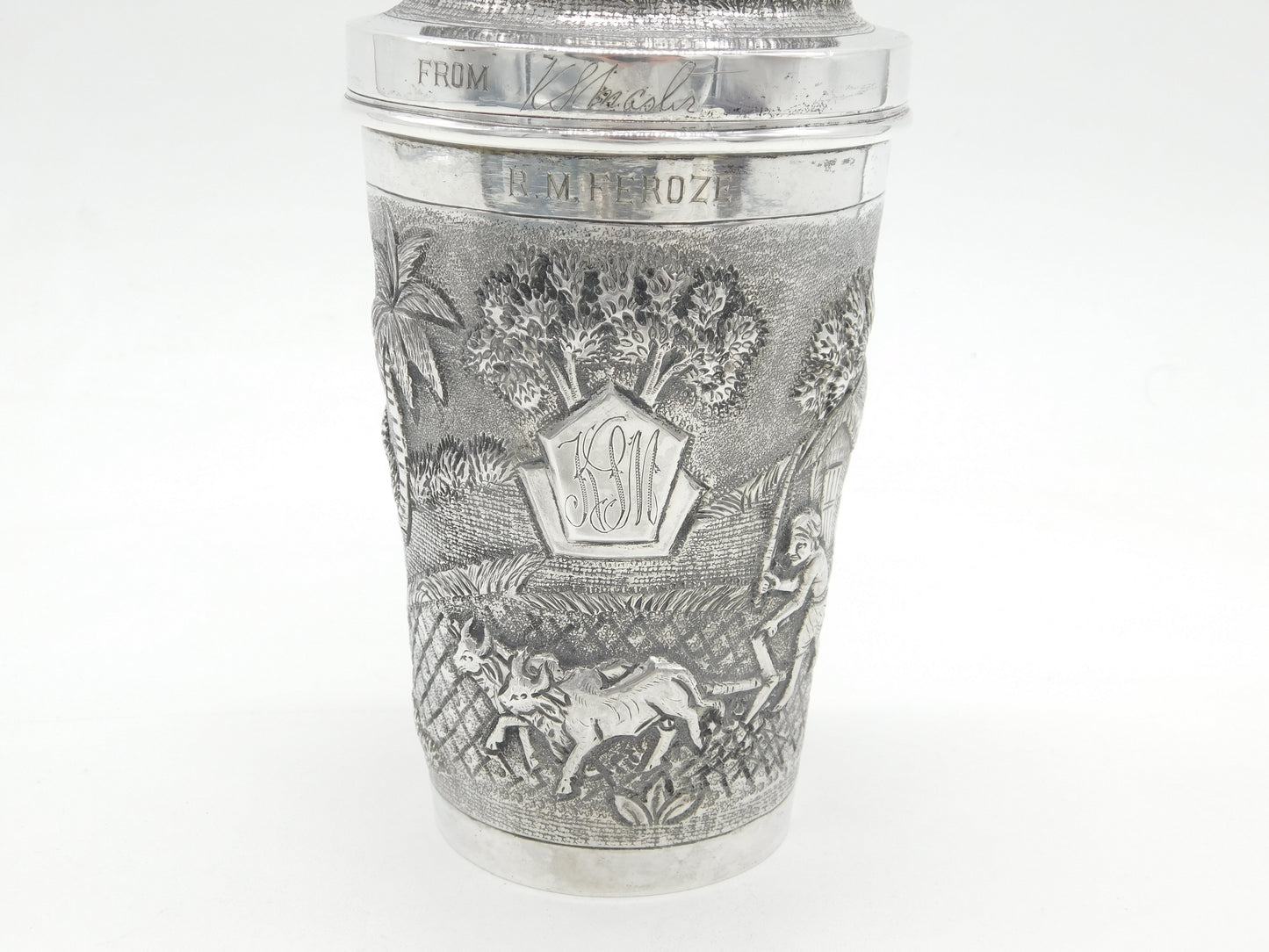 20th Century Burmese Sterling Silver Farm Pattern Cocktail Shaker Antique c1920