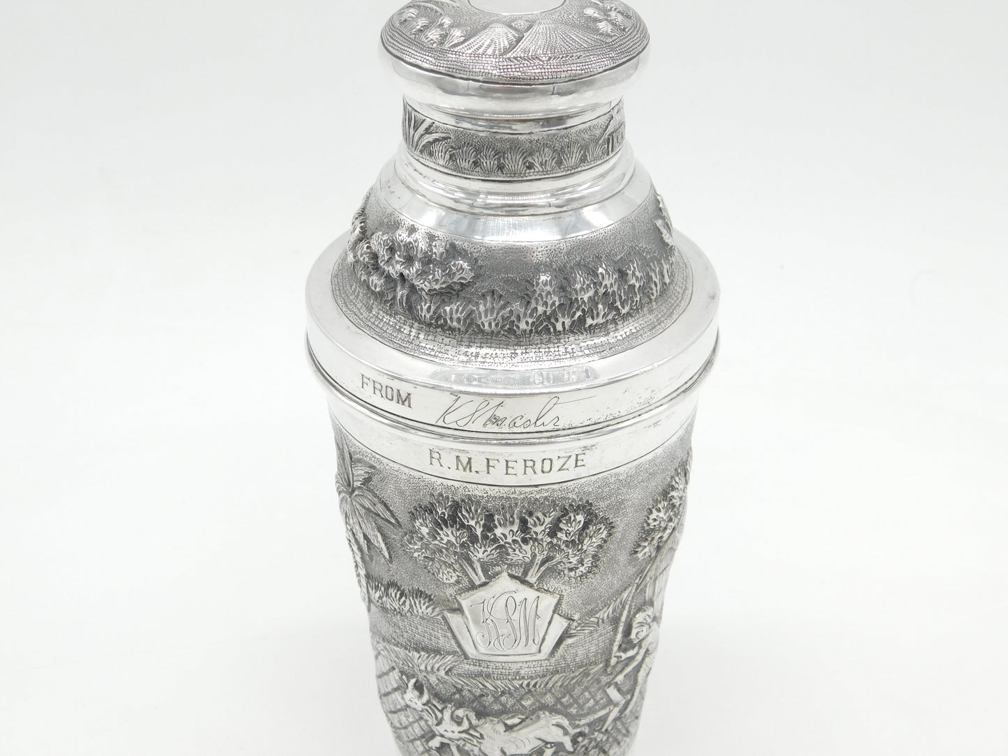 20th Century Burmese Sterling Silver Farm Pattern Cocktail Shaker Antique c1920