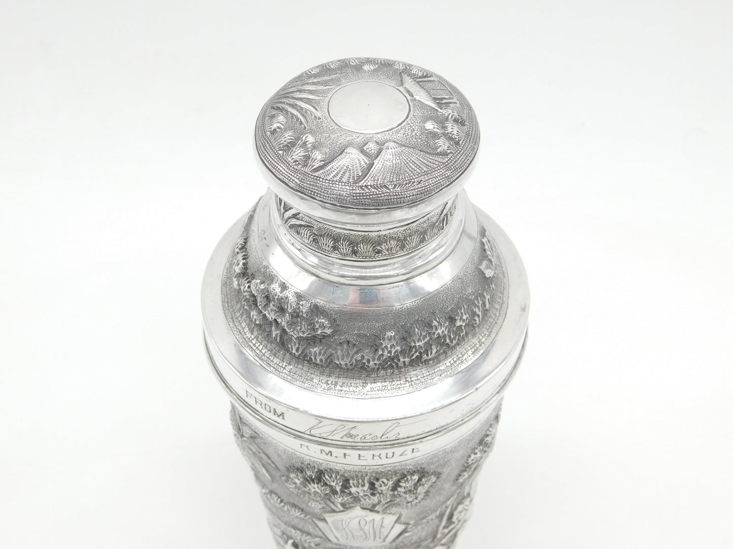 20th Century Burmese Sterling Silver Farm Pattern Cocktail Shaker Antique c1920