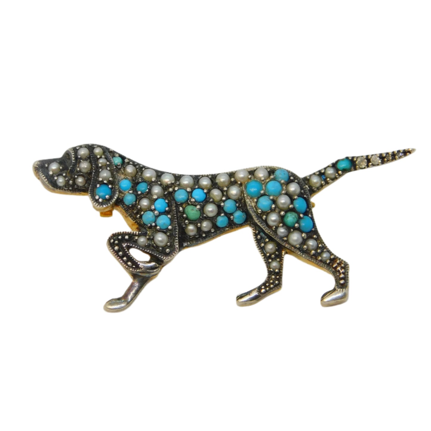 9ct Gold & Silver Retriever Dog Brooch Turquoise, Seed Pearl Vintage c1970