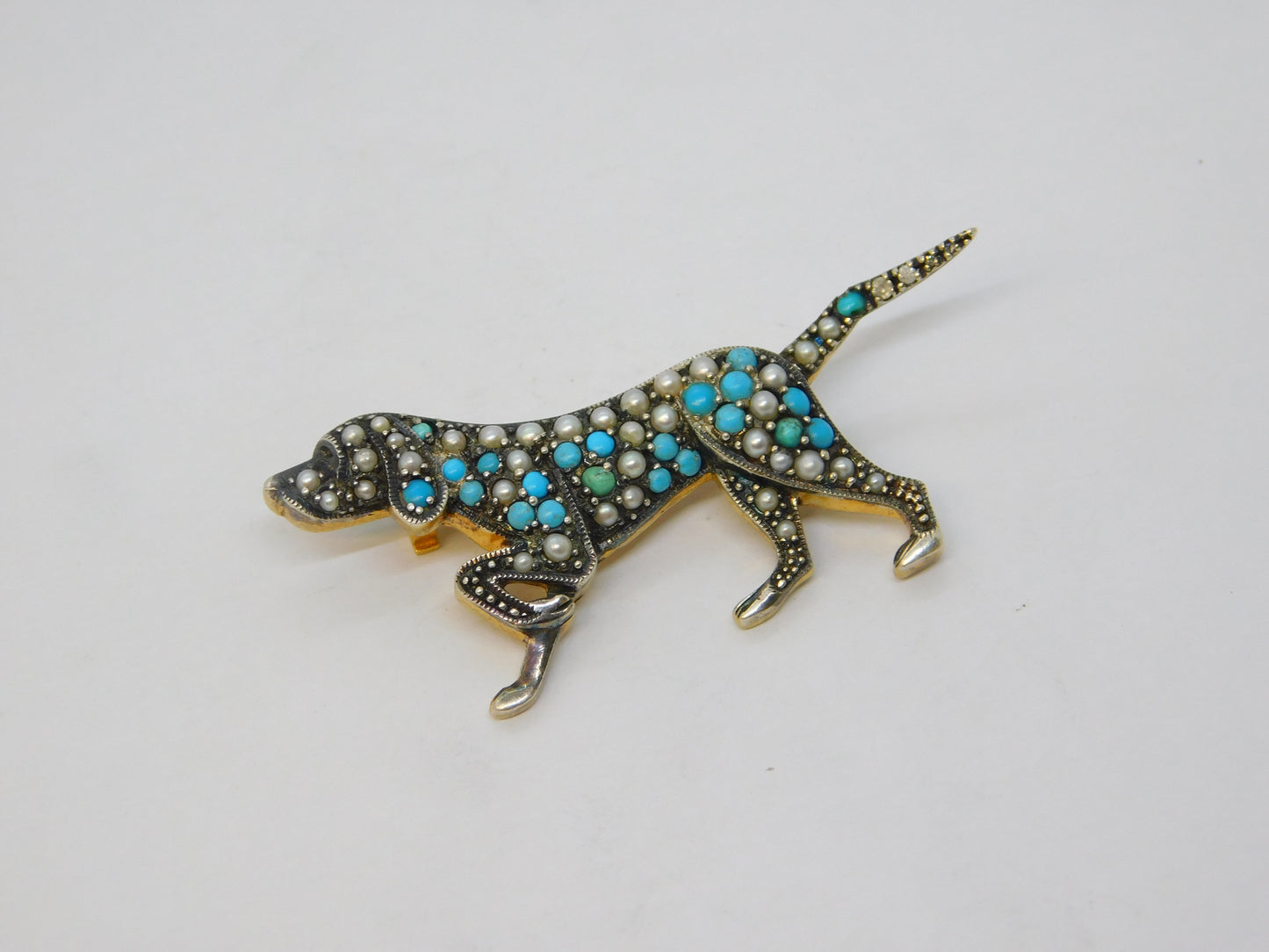 9ct Gold & Silver Retriever Dog Brooch Turquoise, Seed Pearl Vintage c1970