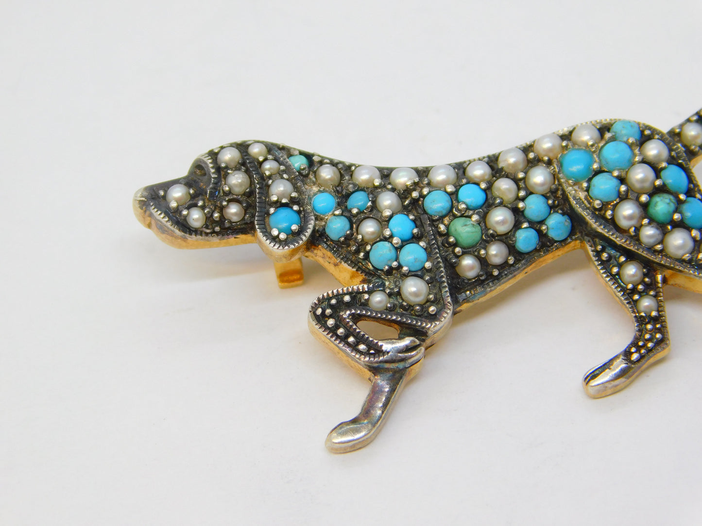 9ct Gold & Silver Retriever Dog Brooch Turquoise, Seed Pearl Vintage c1970