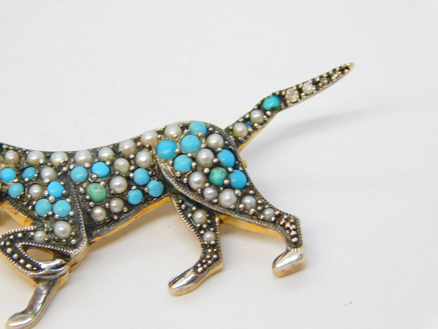 9ct Gold & Silver Retriever Dog Brooch Turquoise, Seed Pearl Vintage c1970