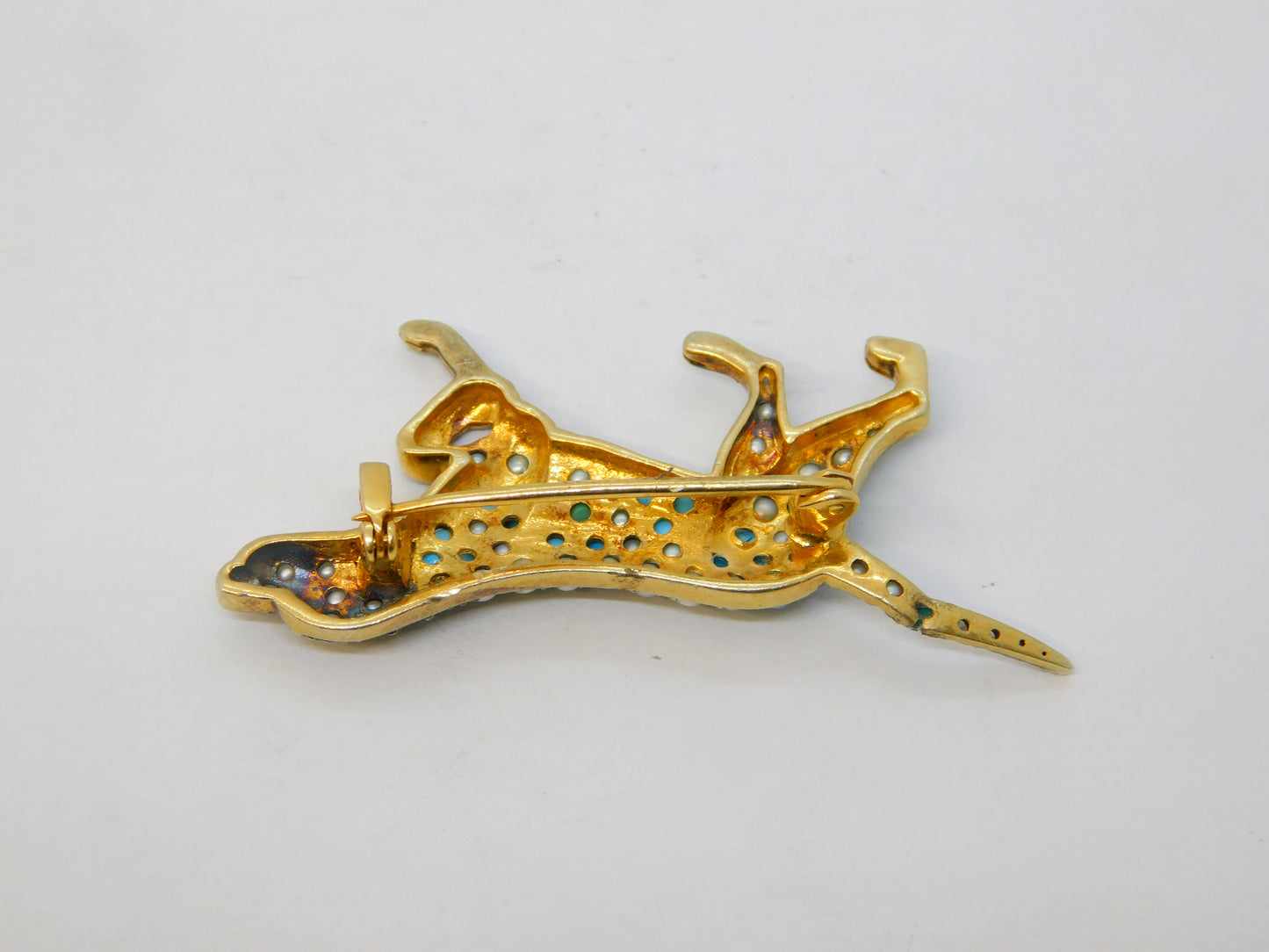 9ct Gold & Silver Retriever Dog Brooch Turquoise, Seed Pearl Vintage c1970