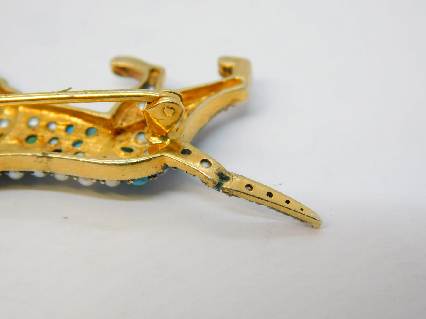9ct Gold & Silver Retriever Dog Brooch Turquoise, Seed Pearl Vintage c1970