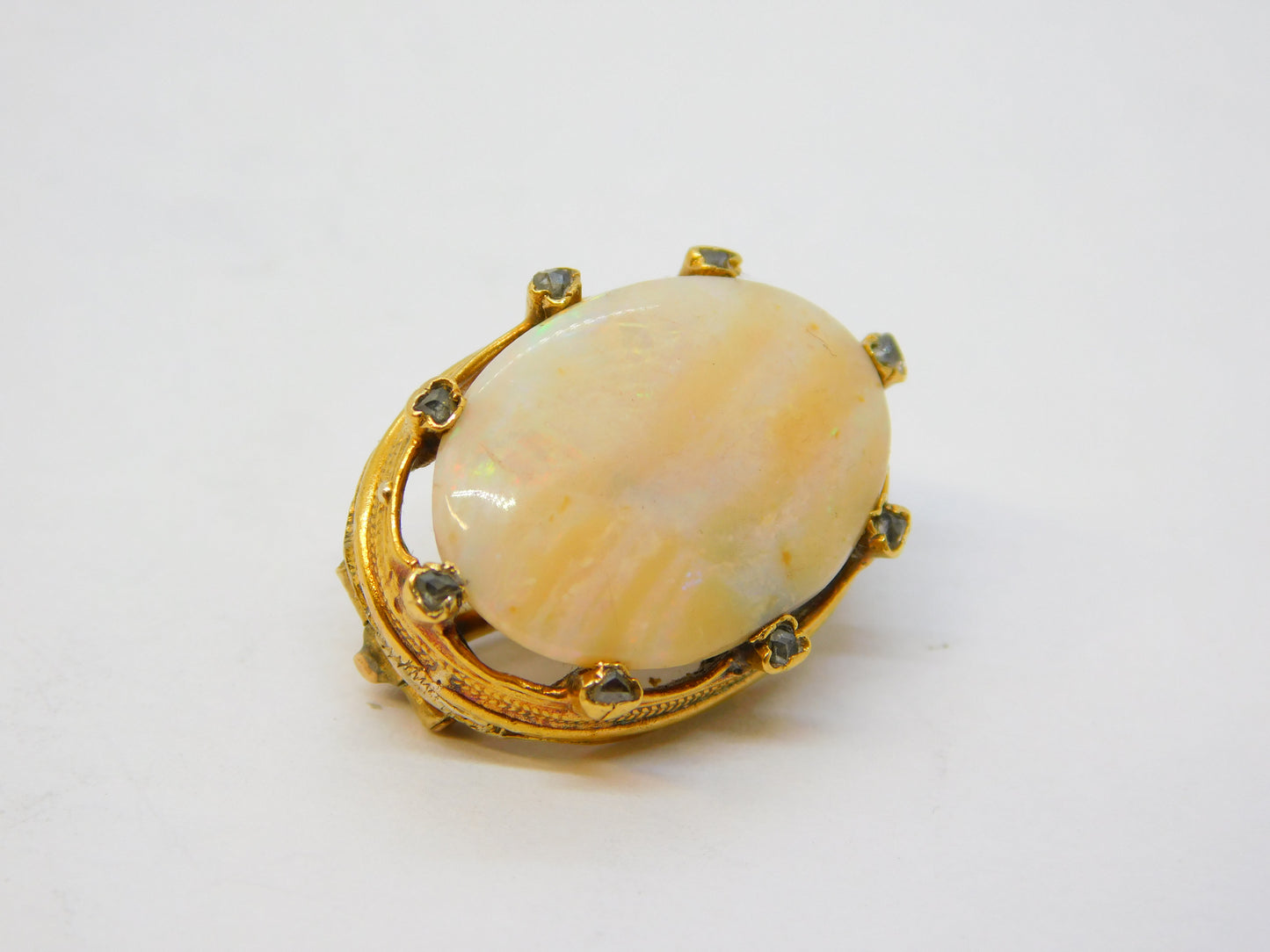 George III 15ct Gold, Old Cut Diamond, Large White Opal Brooch Antique c1800