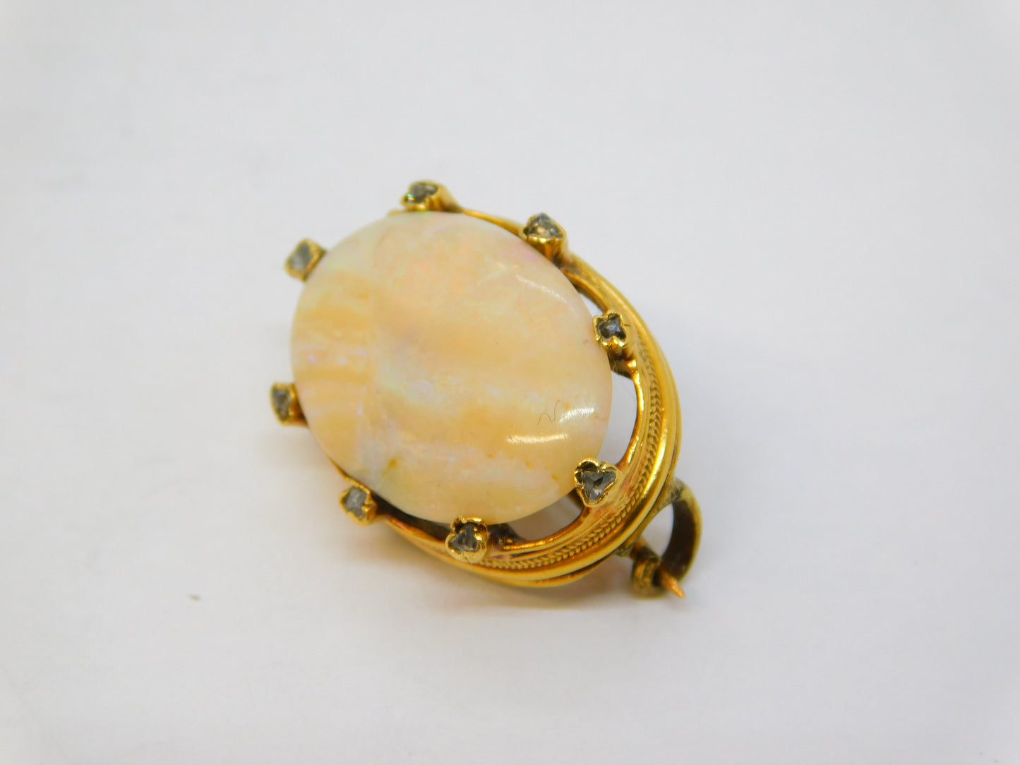 George III 15ct Gold, Old Cut Diamond, Large White Opal Brooch Antique c1800