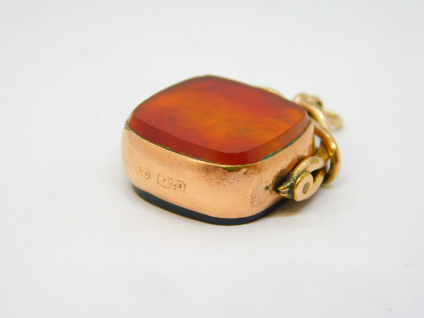 Victorian 9ct Rose Gold, Carnelian & Bloodstone Spinner Fob Pendant Antique c1890