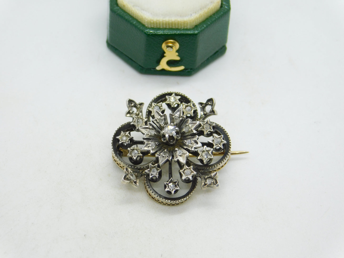 19th Century French 18ct Gold Old Cut Diamond Floral Brooch Antique c1890