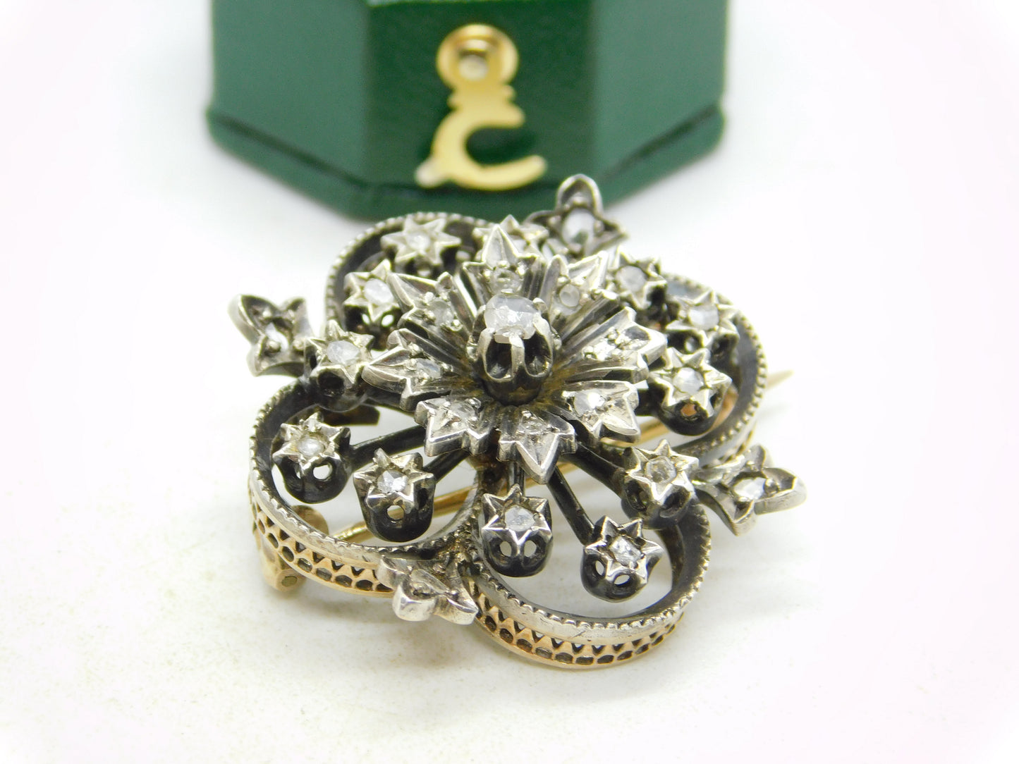 19th Century French 18ct Gold Old Cut Diamond Floral Brooch Antique c1890