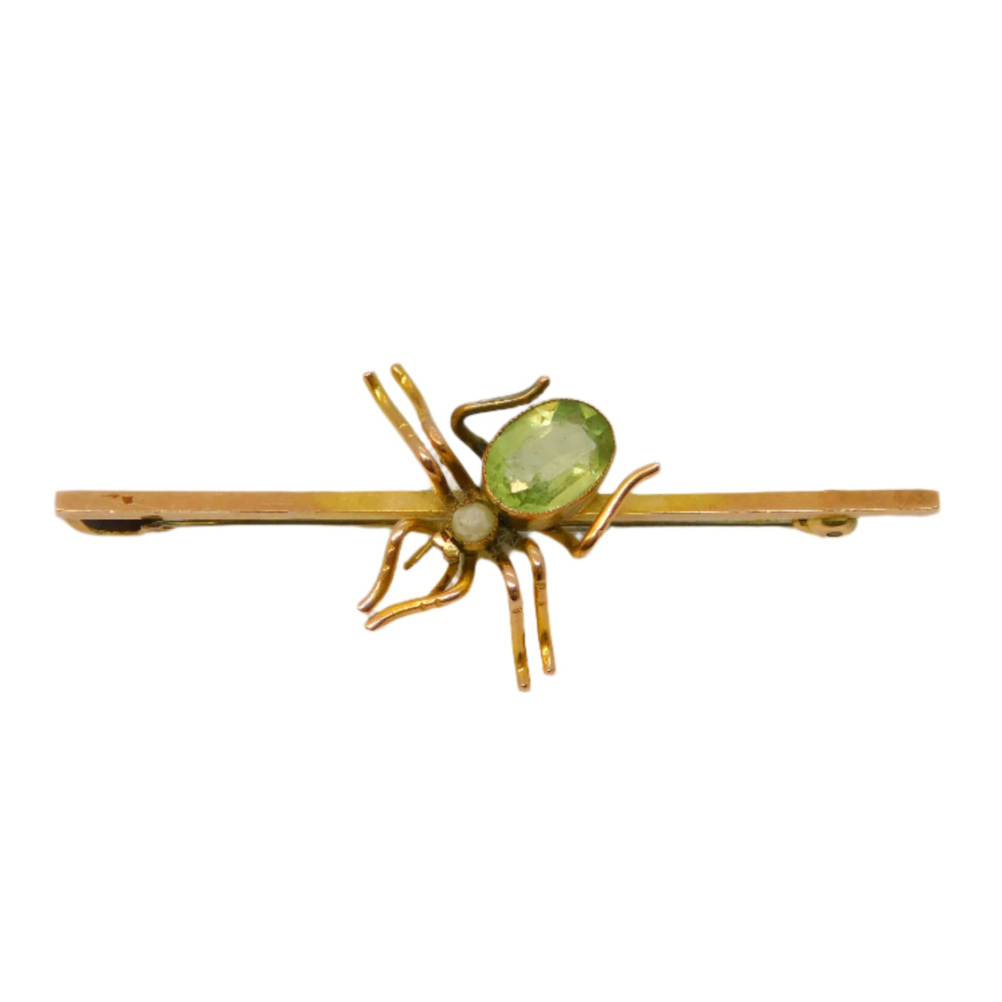 Edwardian 9ct Gold, Peridot & Seed Pearl Spider Insect Brooch Antique c1910