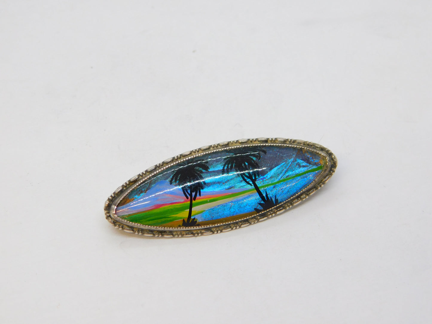 TLM Sterling Silver Morpho Butterfly Wing Palm Tree Brooch Antique c1920