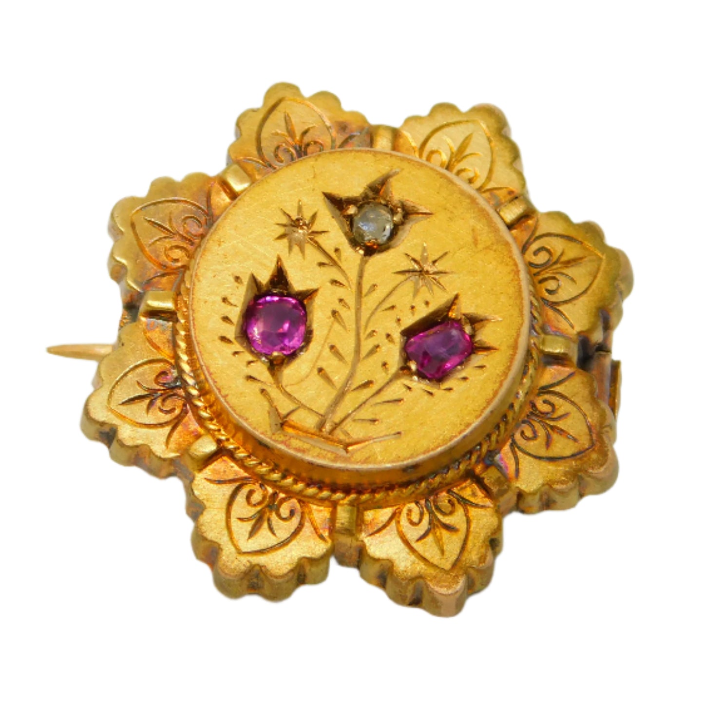 Victorian 9ct Gold, Diamond, Ruby Floral Locket Brooch Pin Antique c1880
